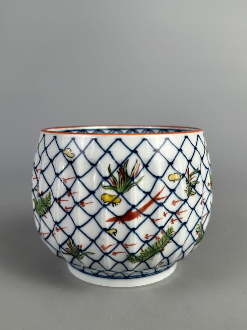 中国美術　小魚魚網文　南京赤絵 小茶碗　染付　華道具　唐物　時代　古玩