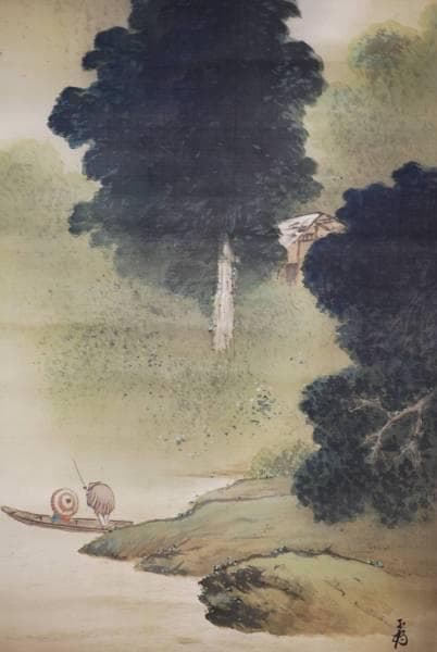 真作/鶴丁/青緑山水/渡し舟の図/布袋屋掛軸HC-502