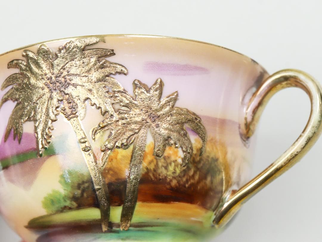 オールドノリタケ 金盛上ヤシの木湖畔 トリオ カップ ソーサー プレート