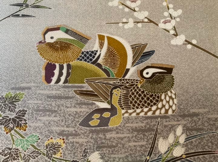 人間国宝　羽田登喜男　おしどり布絵　友禅染真作　額装