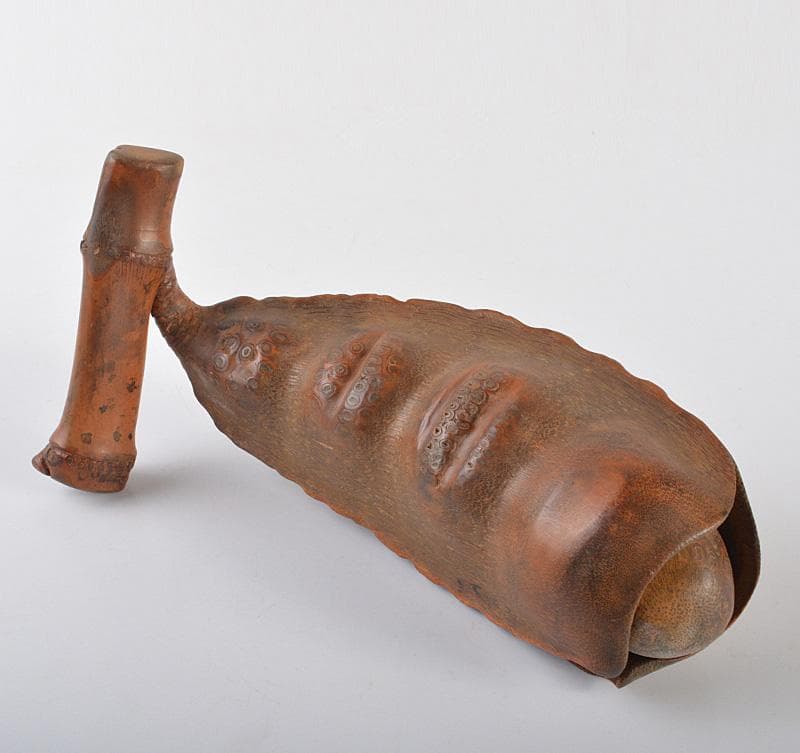 中国　古竹彫刻　豆　如意　置物　在銘　M　R6593E