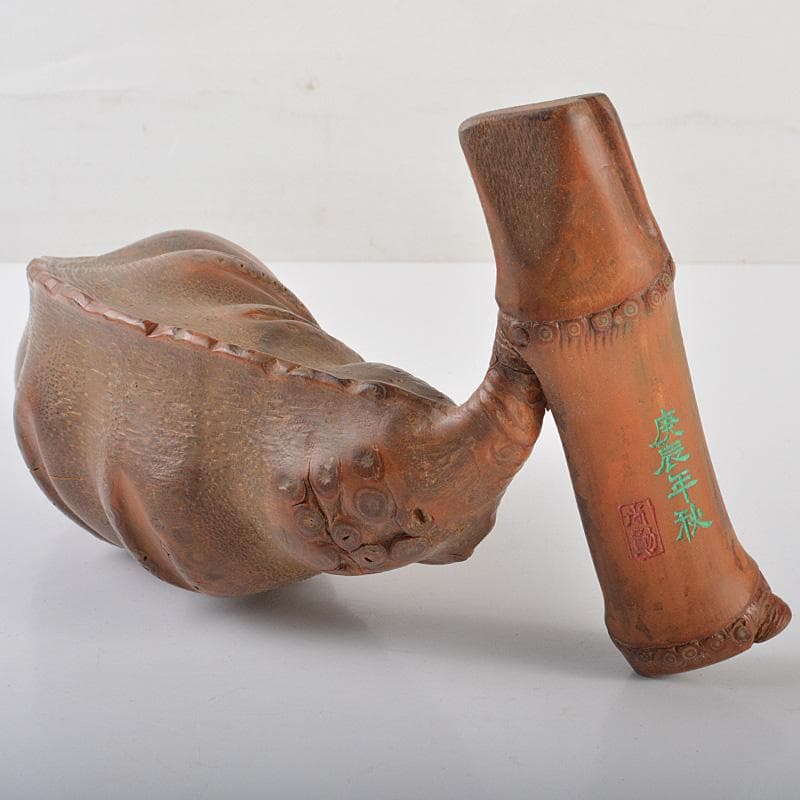 中国　古竹彫刻　豆　如意　置物　在銘　M　R6593E