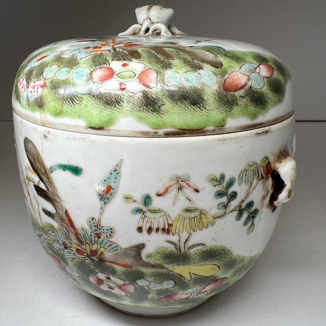 中国清時代　粉彩花蝶図水指　木箱付　高約15.5㎝　東Y8-0203☆2Fトコチ