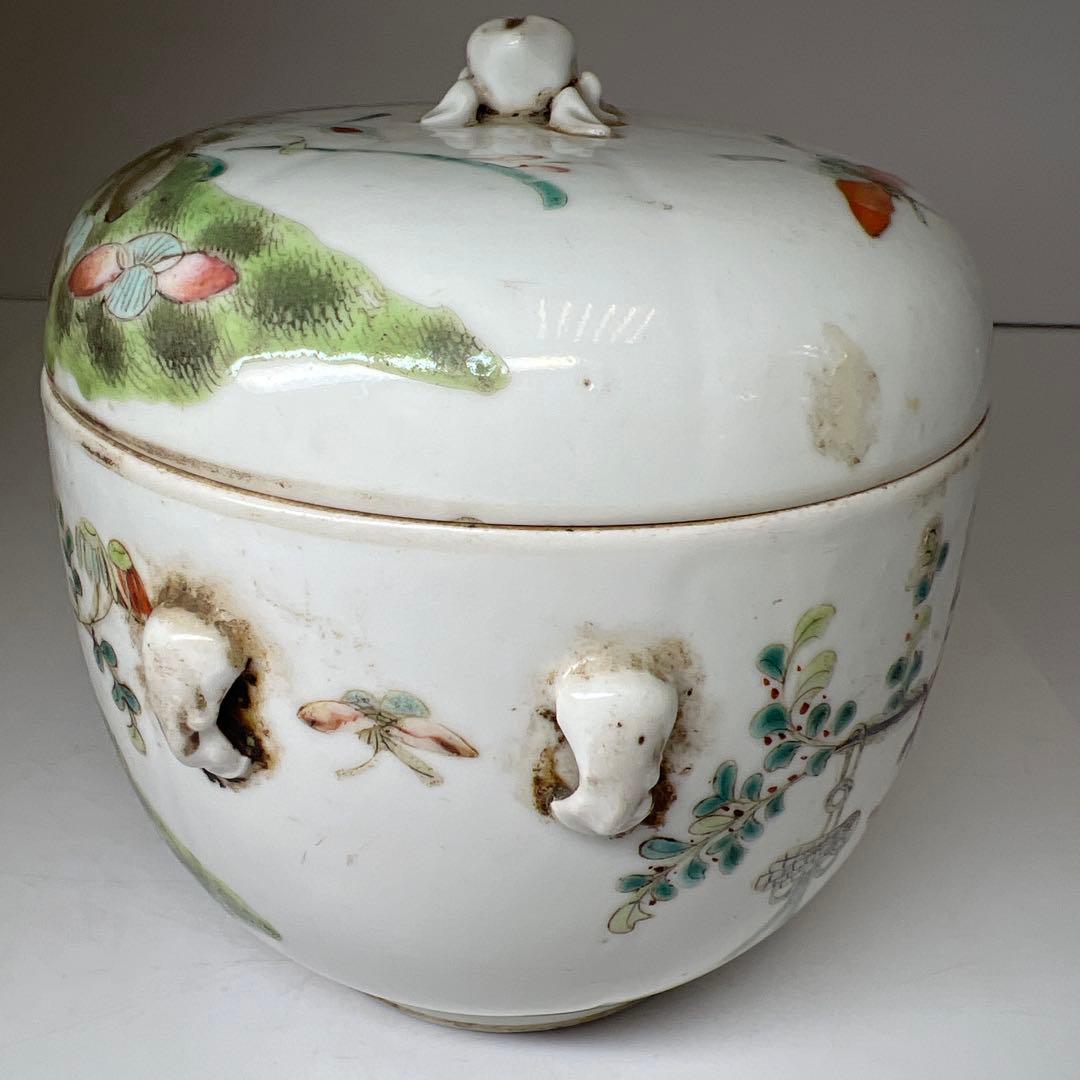 中国清時代　粉彩花蝶図水指　木箱付　高約15.5㎝　東Y8-0203☆2Fトコチ