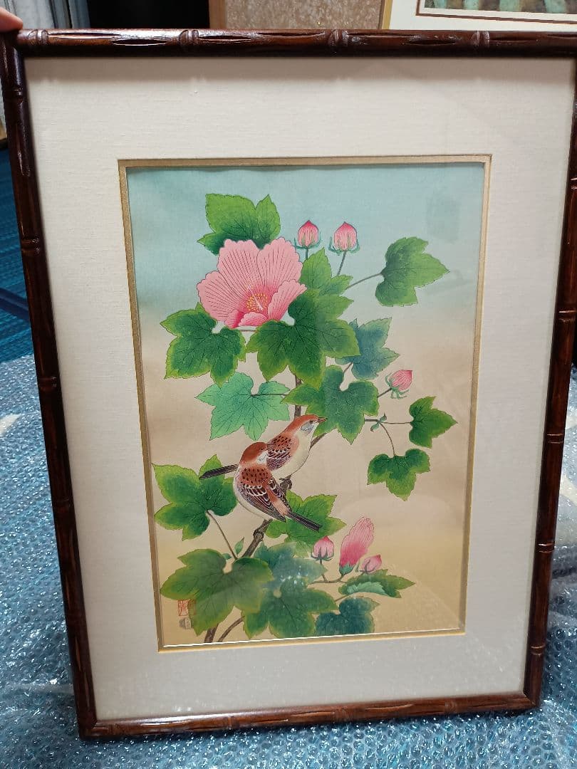 日本画 鳥と花 竹製フレーム