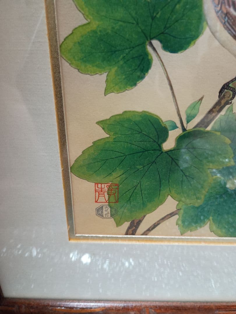 日本画 鳥と花 竹製フレーム