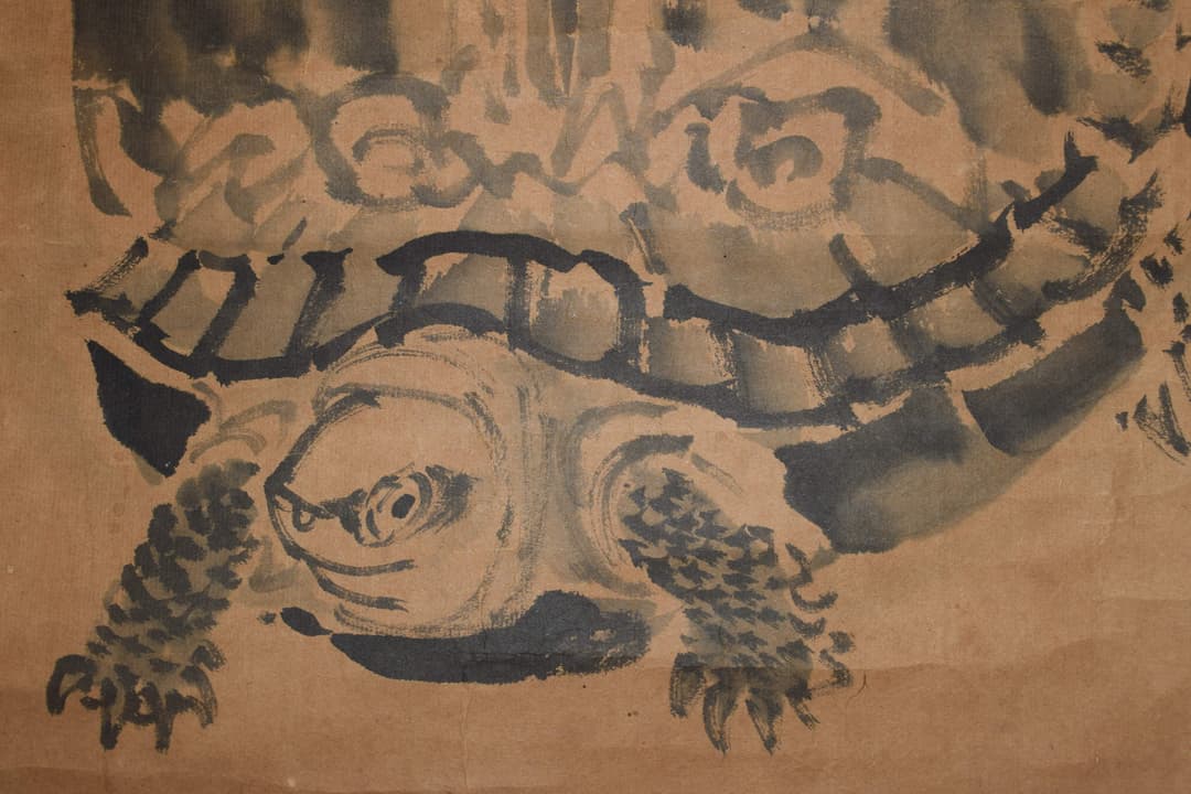 【真作】黒田稲皐（画）菅茶山（賛）/亀乗寿老人画賛/掛軸☆宝船☆Y-363　JM