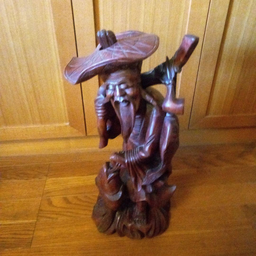 アンティーク木製老人像 大きな帽子と杖付き