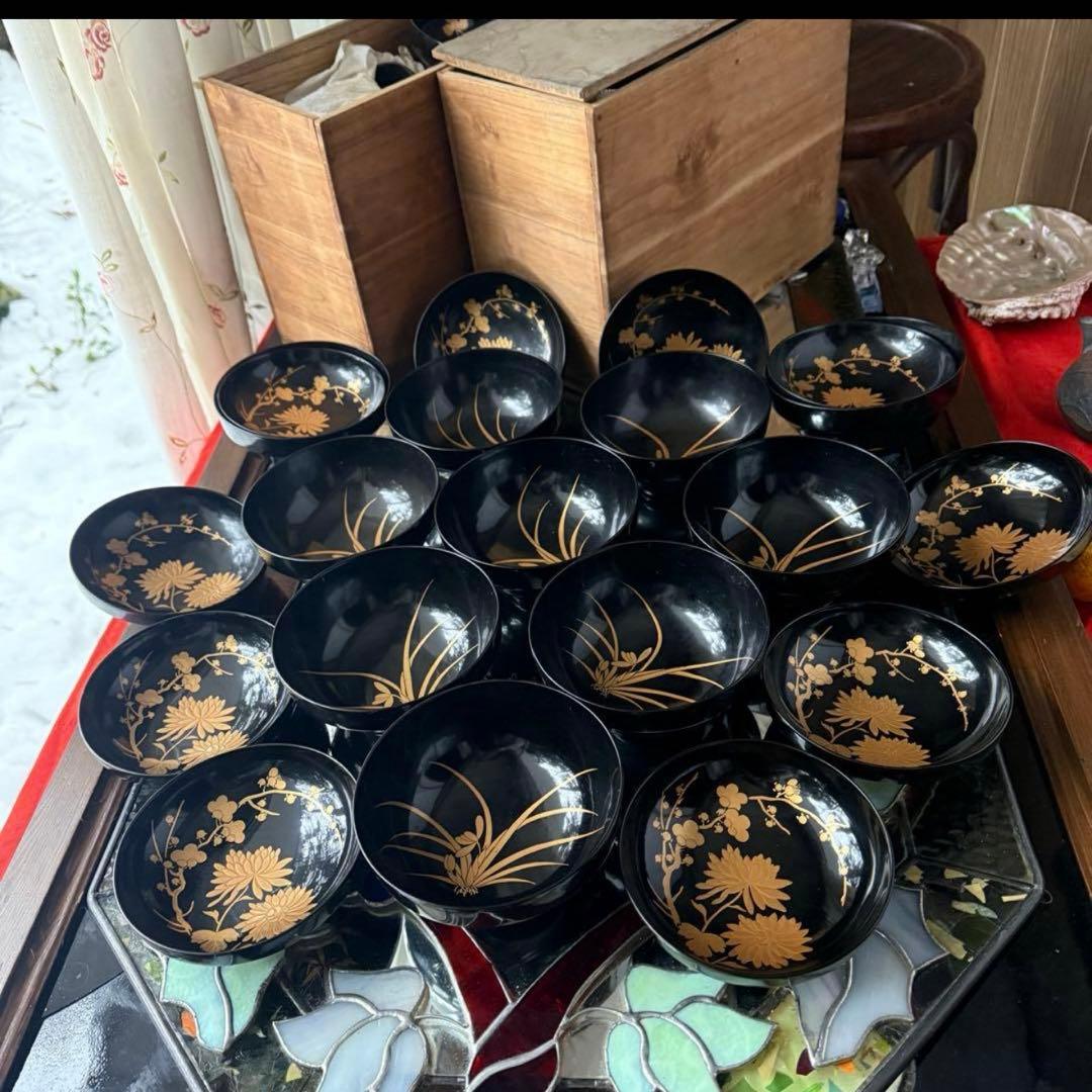 2234様感謝‼️かろやかJAPAN時代蒔絵 豪華四君子富士山形吸物椀　春蘭7客