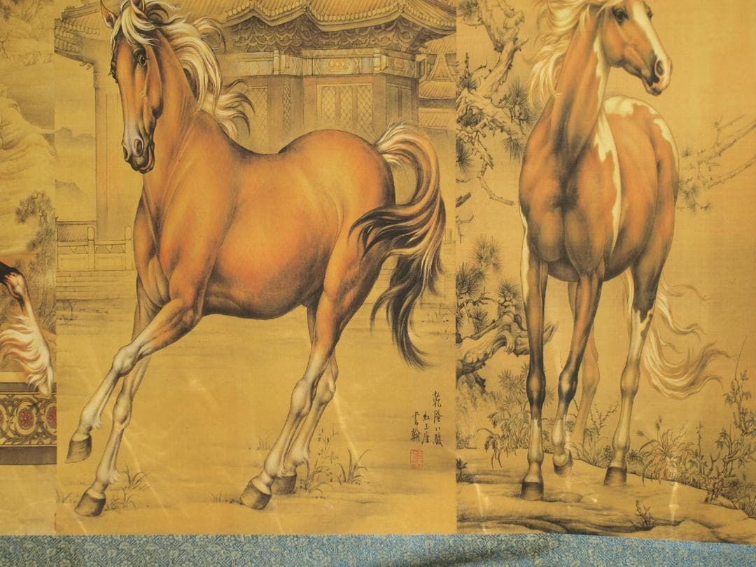 中国古美術 清時代　乾隆八駿図　人物掛け軸　激安骨董品　捲りBD682A13-2