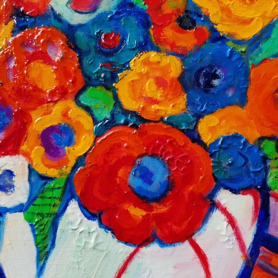 油絵　専用　赤いテーブルに置いた花瓶のお花　 抽象画