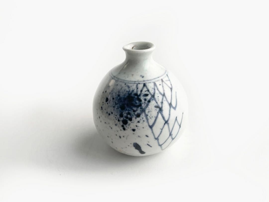 陶芸家　作家物　加藤静允　染付　網目文　徳利　酒器　一輪挿し　初期伊万里写　共箱