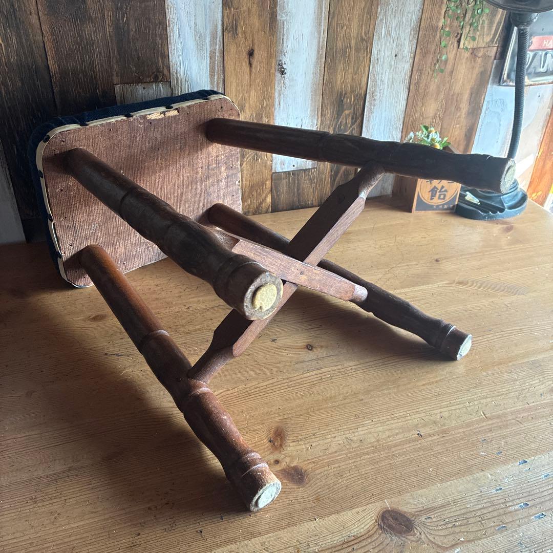 ネイビー布製クッションスツール　アンティーク　古家具　レトロ