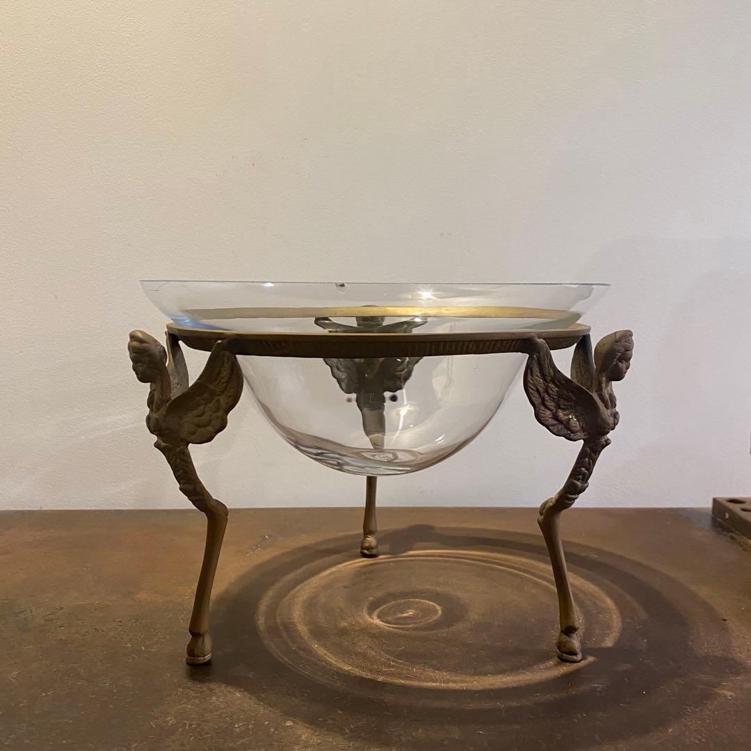 真鍮製天使の土台 ガラス 水盤 ボウル コンポート アンティーク