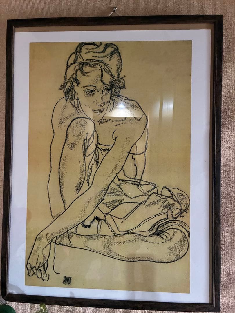Egon Schiele 線画 木製フレーム付き