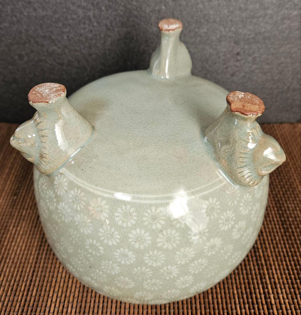 京　作　高麗青磁　三島　花三島　三獣脚　大香炉　李朝青磁　花三島　三島手