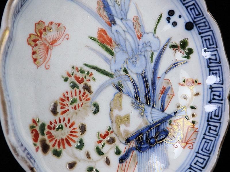 古伊万里　染錦　菖蒲に菊の図　４寸皿　４客　D870AS-BXo