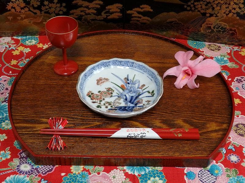 古伊万里　染錦　菖蒲に菊の図　４寸皿　４客　D870AS-BXo