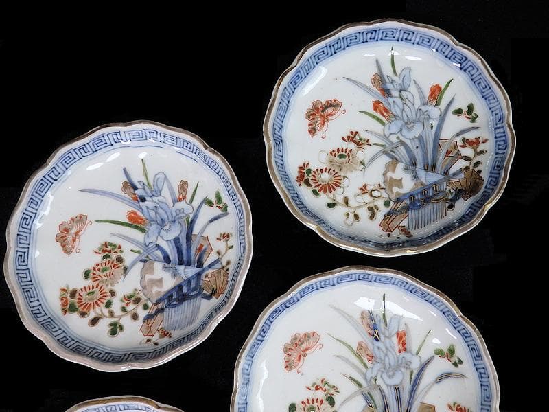 古伊万里　染錦　菖蒲に菊の図　４寸皿　４客　D870AS-BXo