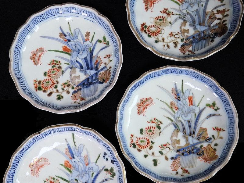 古伊万里　染錦　菖蒲に菊の図　４寸皿　４客　D870AS-BXo