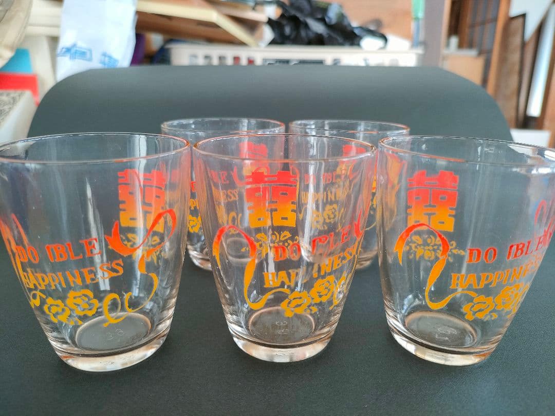 ●中国 囍 ダブルハピネス グラス 5個セット 祝杯 婚礼 吉祥文様 レトロ