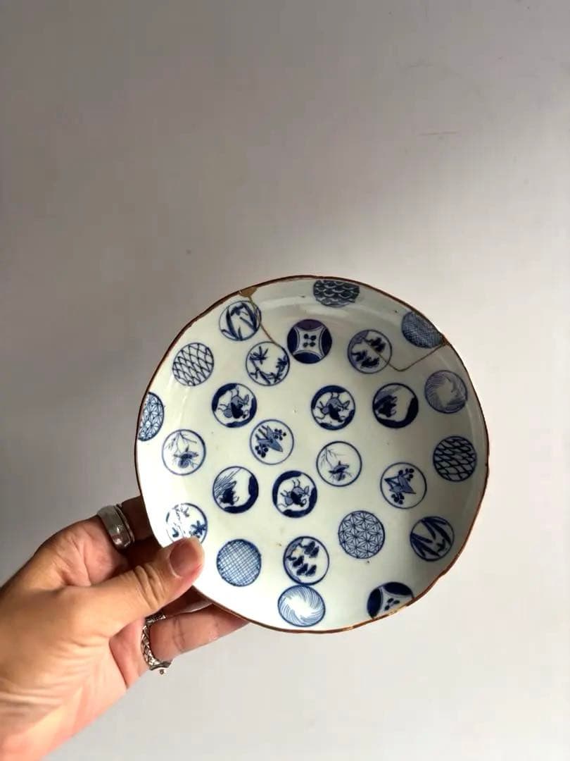 679 骨董 古伊万里 太明成化年製 丸紋染付5寸皿 2点組 幕末 金継ぎ