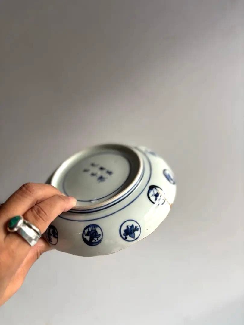 679 骨董 古伊万里 太明成化年製 丸紋染付5寸皿 2点組 幕末 金継ぎ