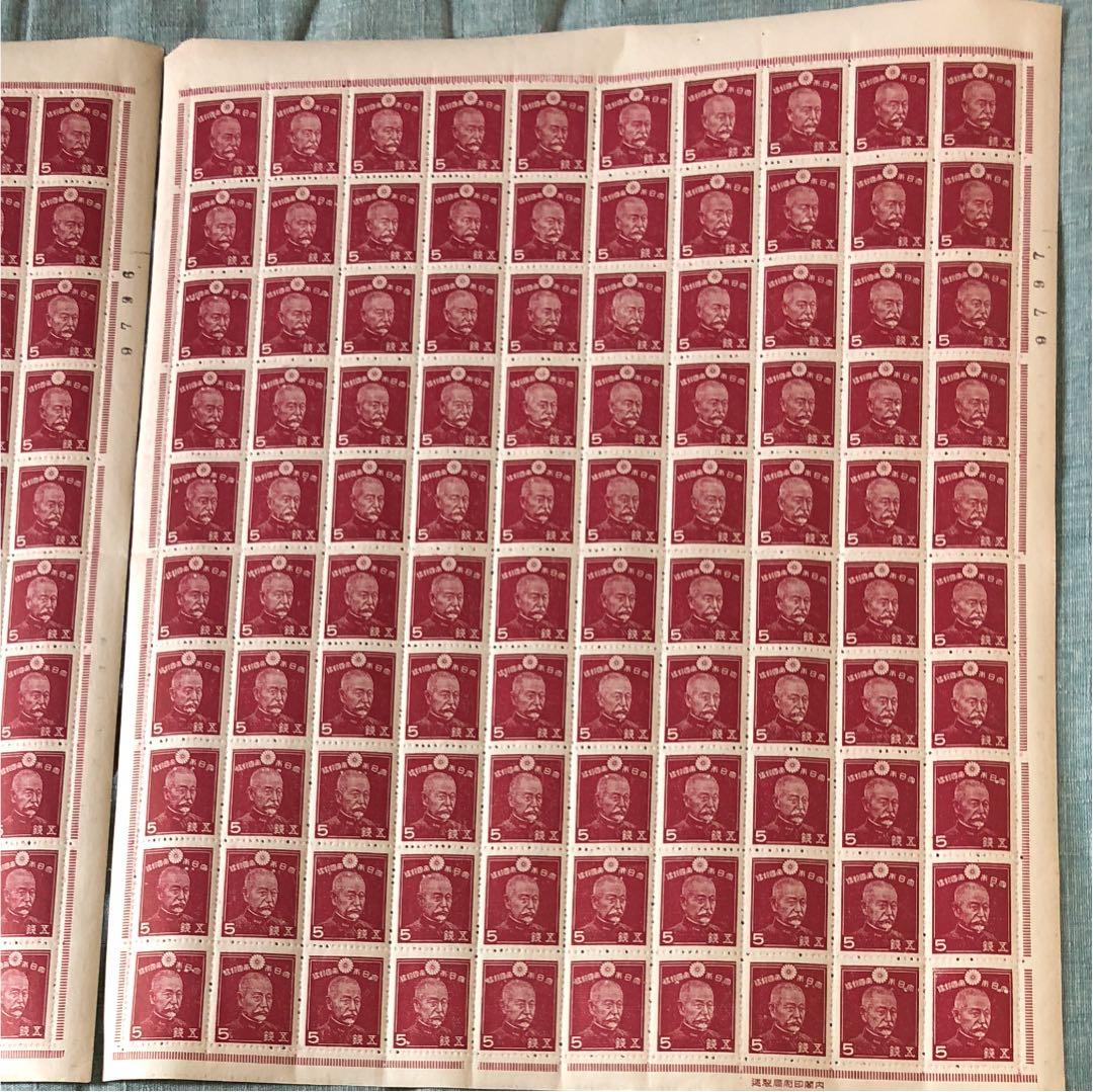 昭和17年 東郷平八郎元帥5銭切手100枚シート2枚 計200枚裏糊ツヤツヤ美品