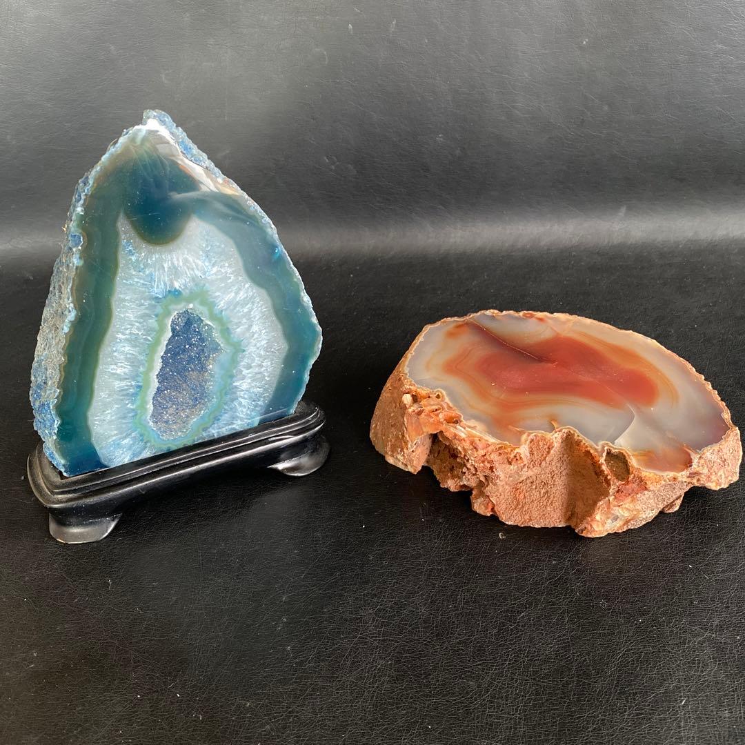 瑪瑙 断面 輪切り 原石 鑑賞石 飾り石 置物 メノウ　2点　まとめ売り