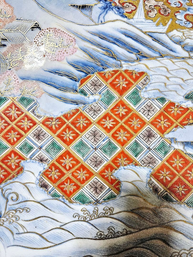 【名品❗】江戸末期～明治初期　古伊万里　金襴染錦　桜に雲錦大波市松文　最上作大皿