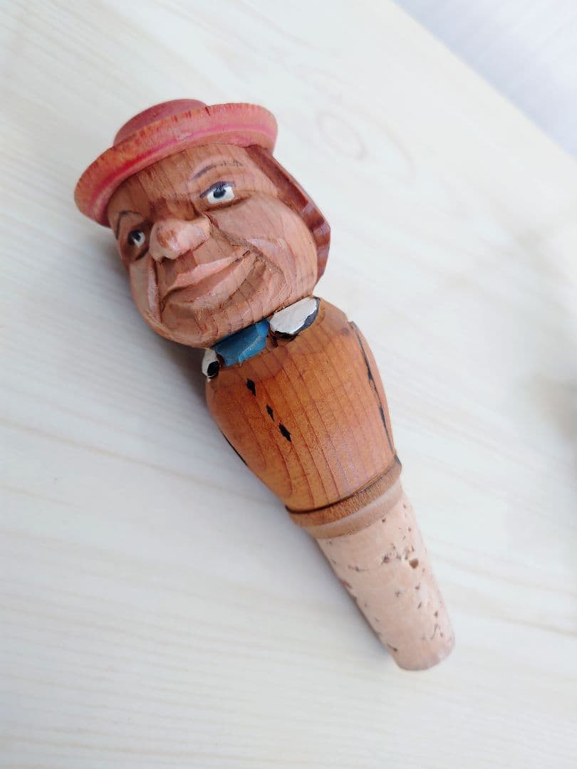 アンティーク　木彫り　人形からくり ボトルストッパー　4個