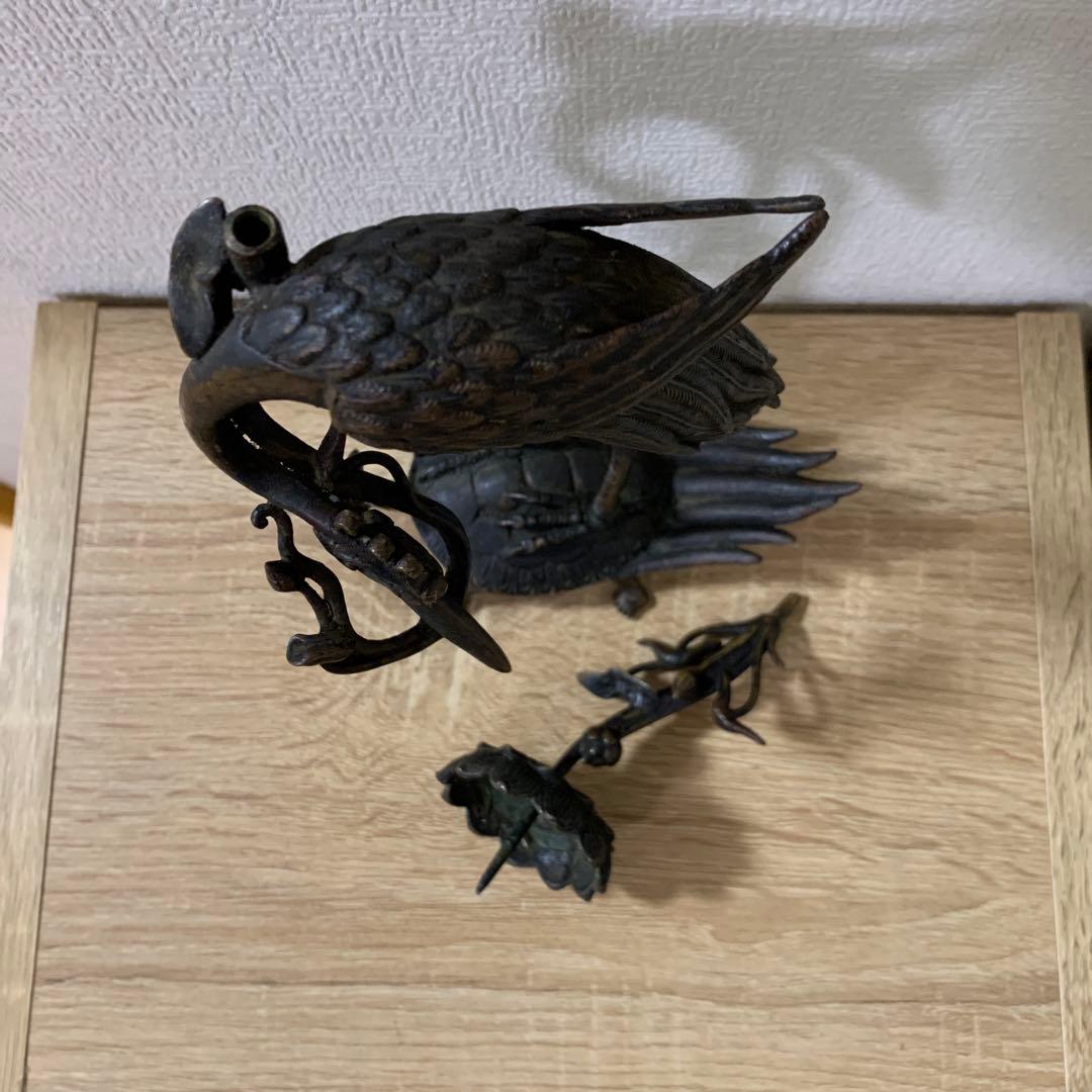 燭台　鶴亀　銅製　大明宣徳年製の刻印あり