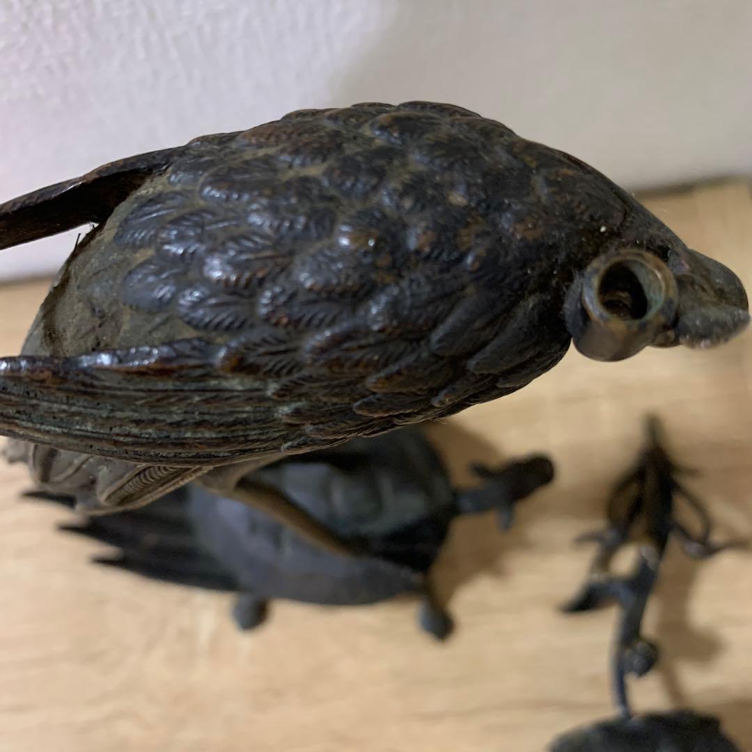 燭台　鶴亀　銅製　大明宣徳年製の刻印あり