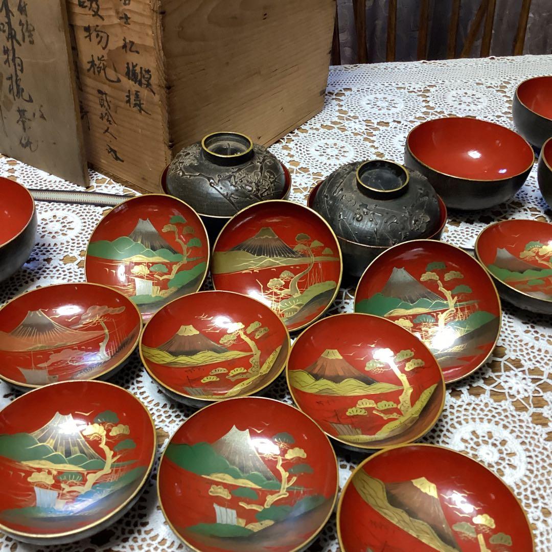 k2f2 銘々蓋吸物椀10客　②漆器 富士山デザイン