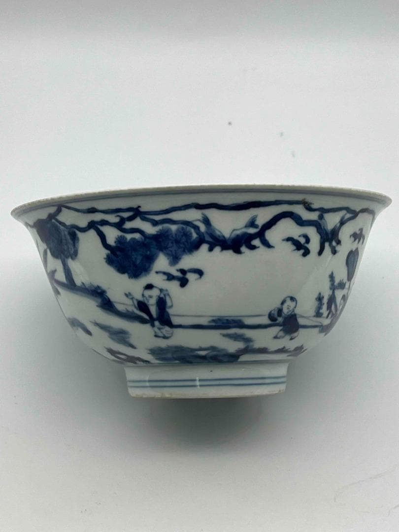 清康煕時代　染付 青花人物子供遊び図碗　青花茶碗　旧家コレクション(B-81)
