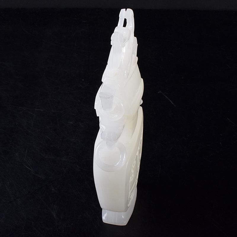 中国　玉石白玉彫刻　隻耳活環　飾壷　V　R7969