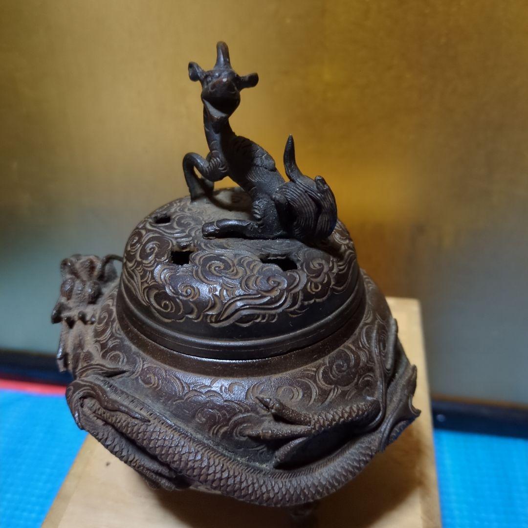 蝋型鋳銅、香炉 ドラゴン龍彫刻、共箱