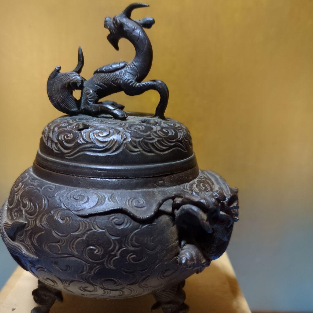 蝋型鋳銅、香炉 ドラゴン龍彫刻、共箱