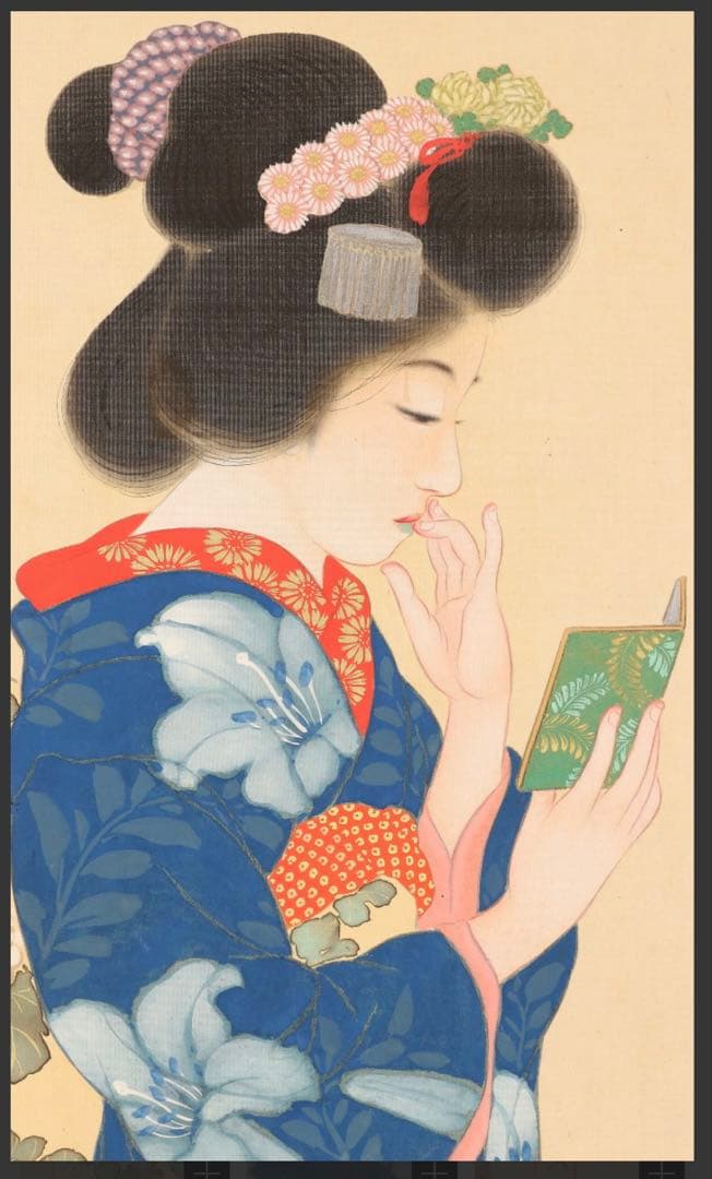 掛軸＜岡本大更＞手鏡に化粧美人図「紅」（HP1442）