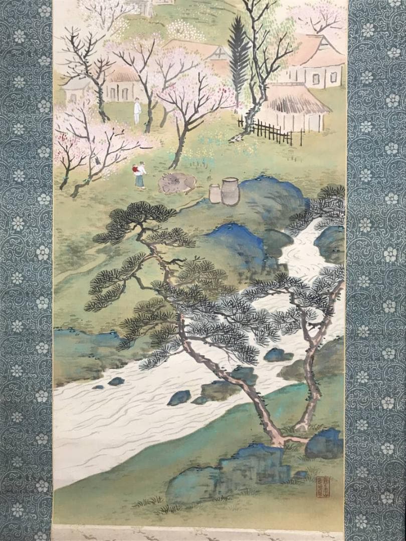 【真作】蒼石/金剛塔臣里春暖図/武陵桃源図/桃花山水図/掛軸/名家伝来AC-39