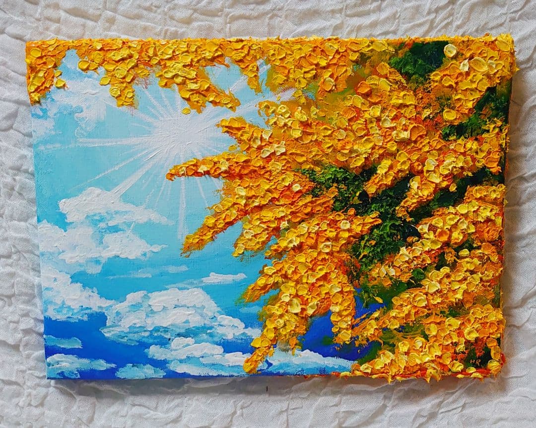 油絵 絵画 【青空に咲くミモザ】