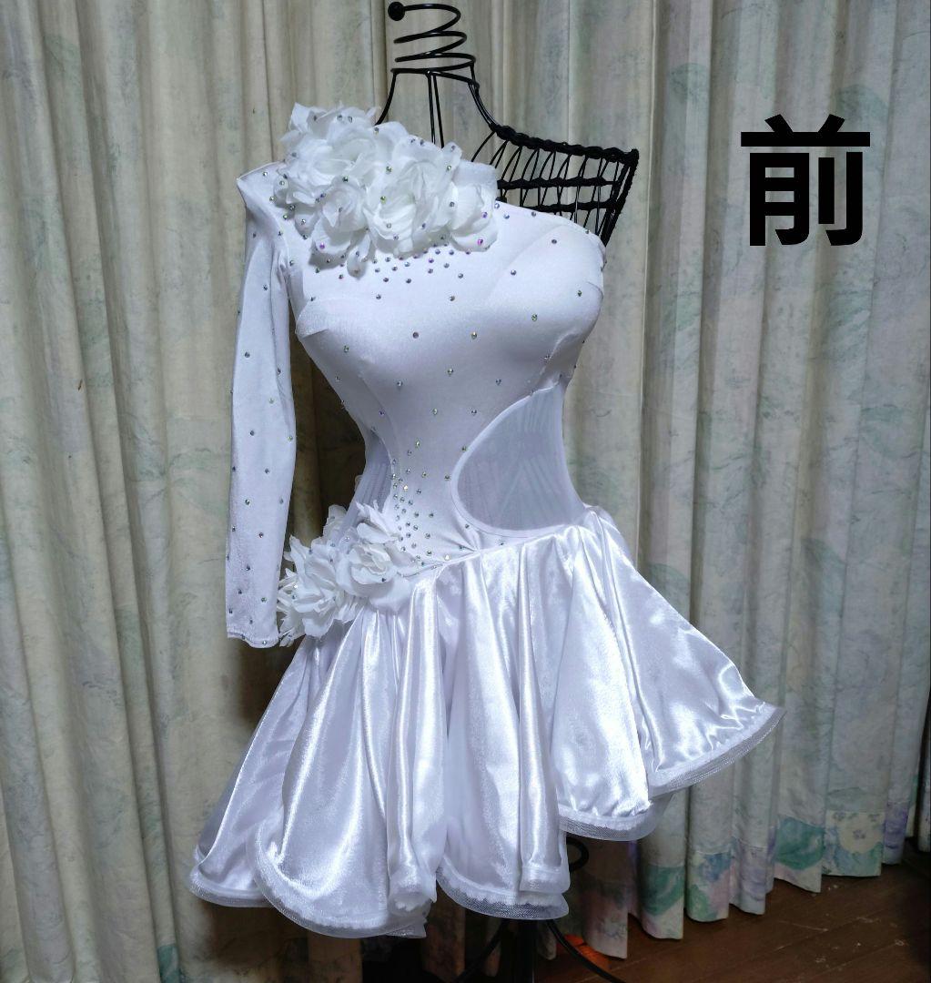 ホワイトサテン風社交ダンスドレスXSサイズ