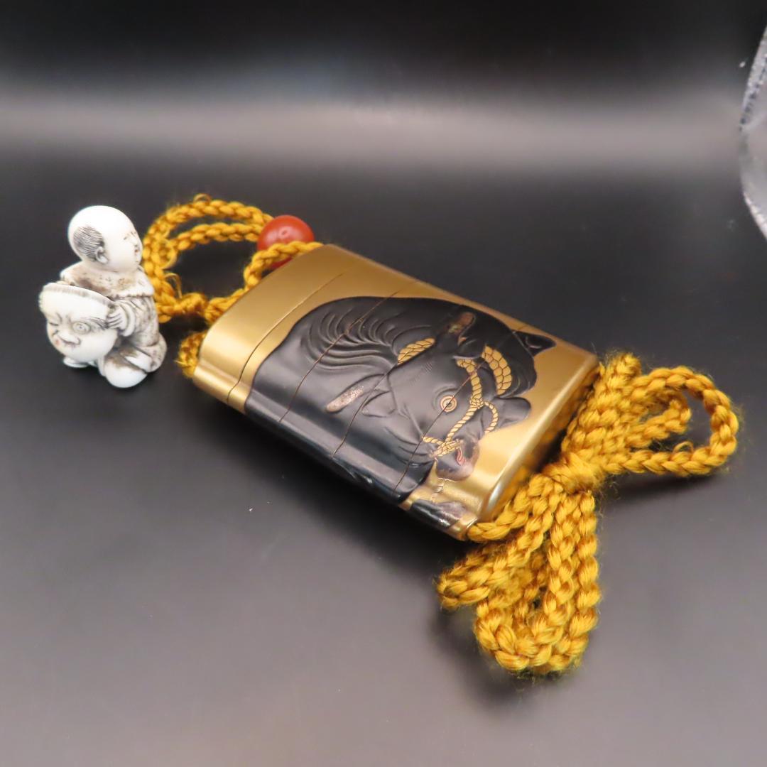 牧童と牛図蒔絵印籠（根付　唐子とひょっとこ面）