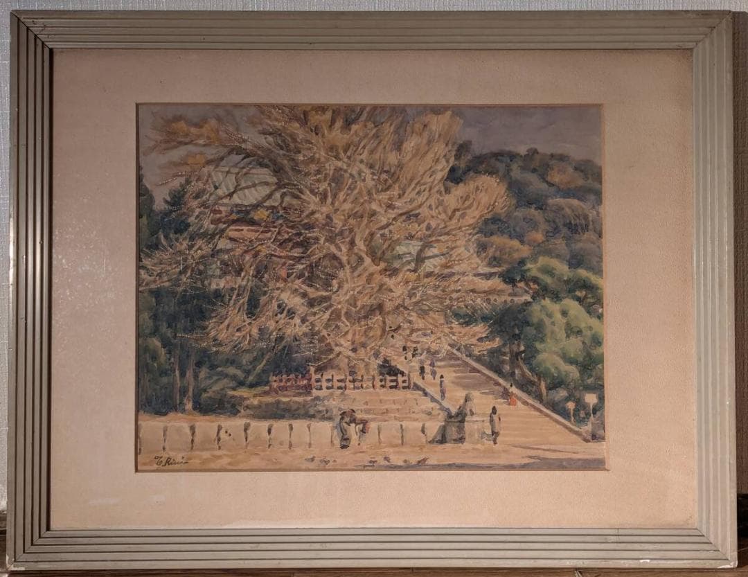 【真作】絵画　水彩　大銀杏と社殿　静かな秋の境内を描いた水彩画　W62