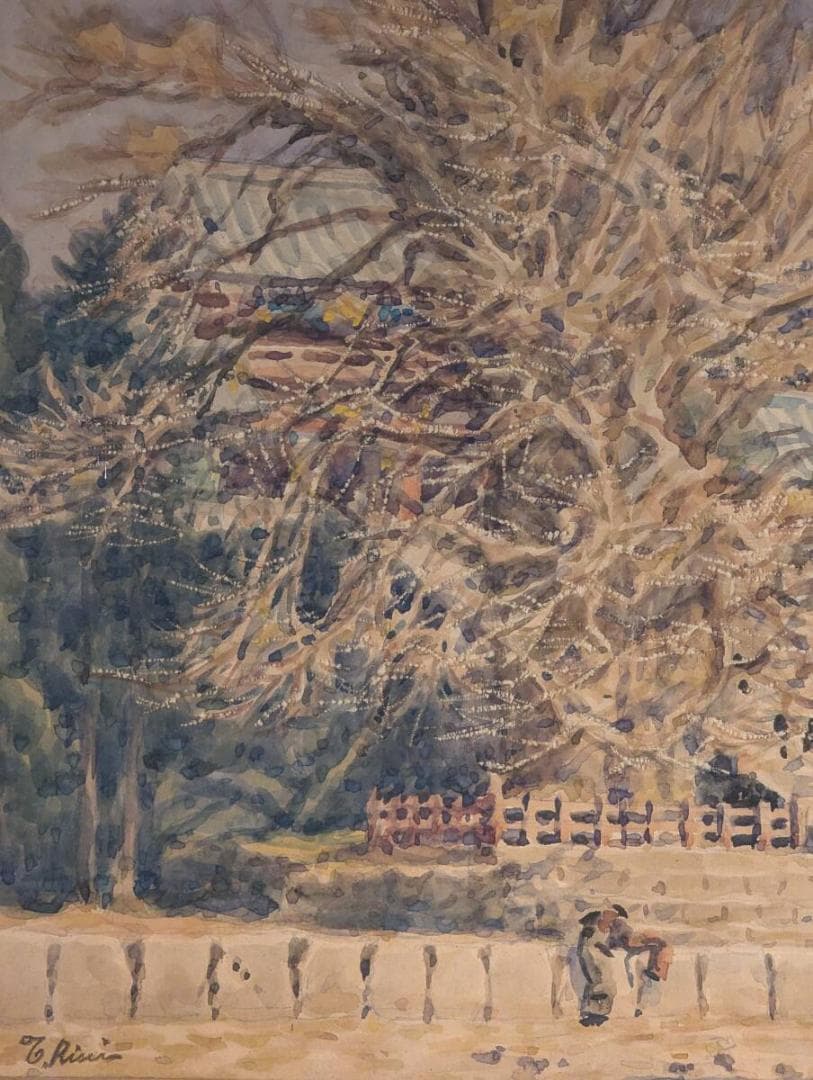 【真作】絵画　水彩　大銀杏と社殿　静かな秋の境内を描いた水彩画　W62