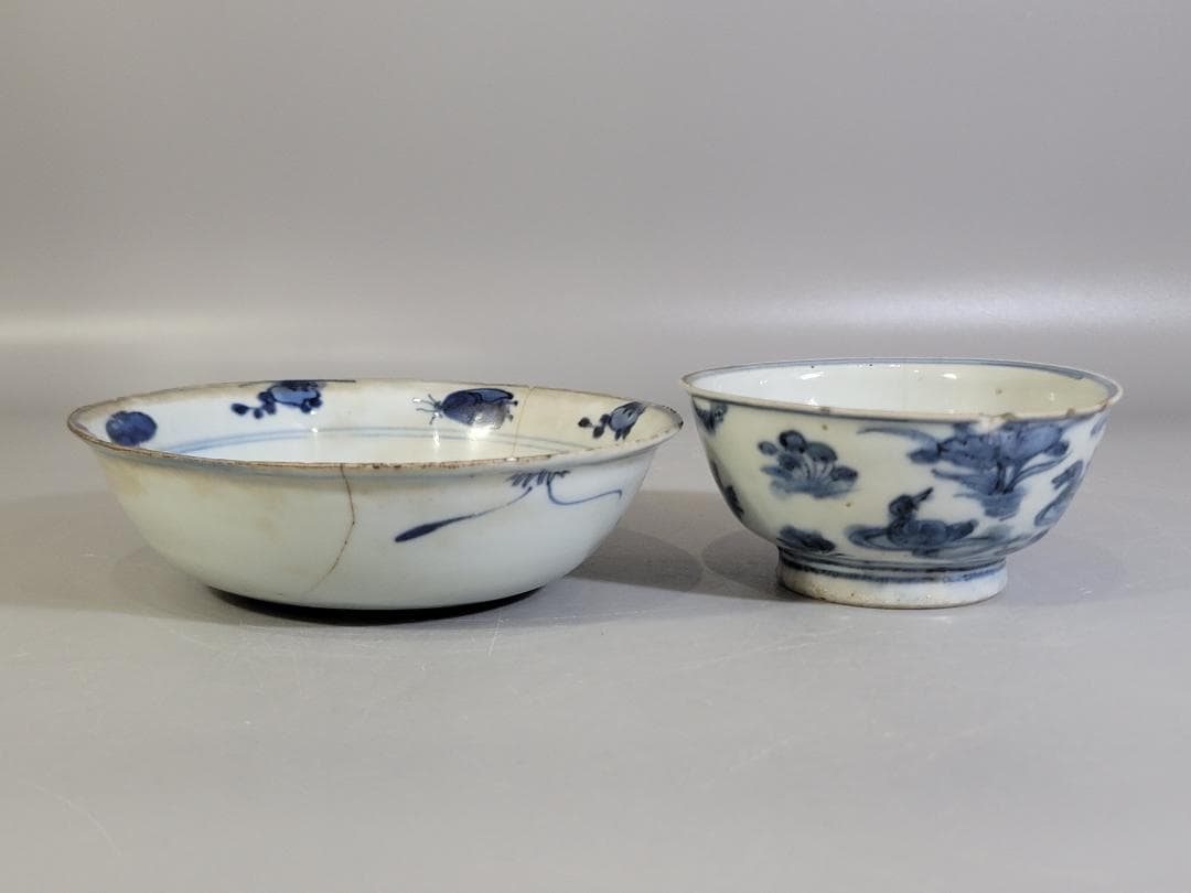 中国 古染付 水鳥 碗 馬絵 皿 二件 古美術 DT249