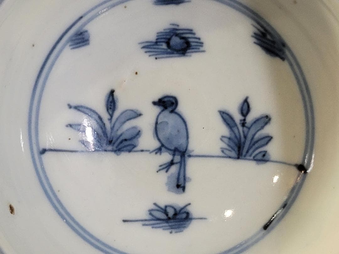 中国 古染付 水鳥 碗 馬絵 皿 二件 古美術 DT249