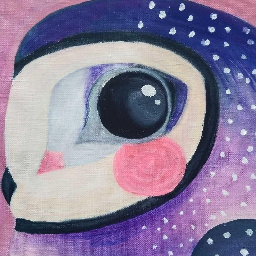 キャンバス油絵　シー　横顔もかわいい福を呼ぶふくろう　おもしろ現代アート風