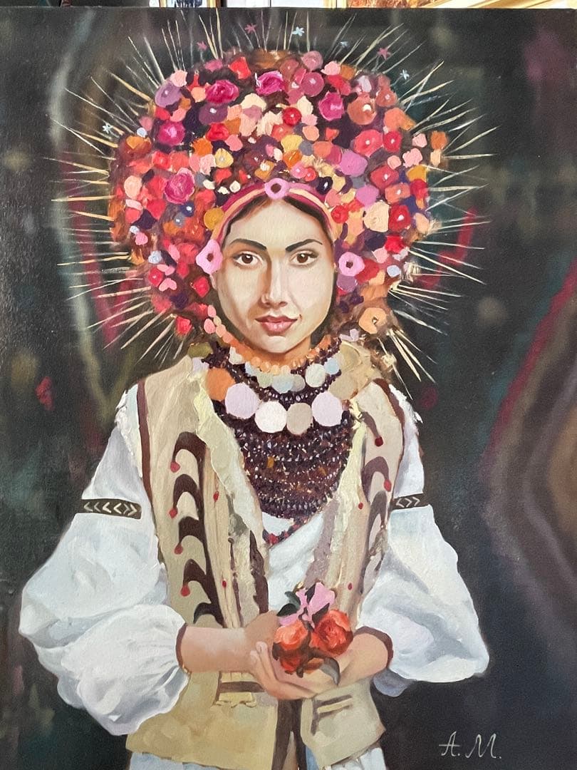 民族衣装を着た女性。油絵。支援のため、この絵を販売する。