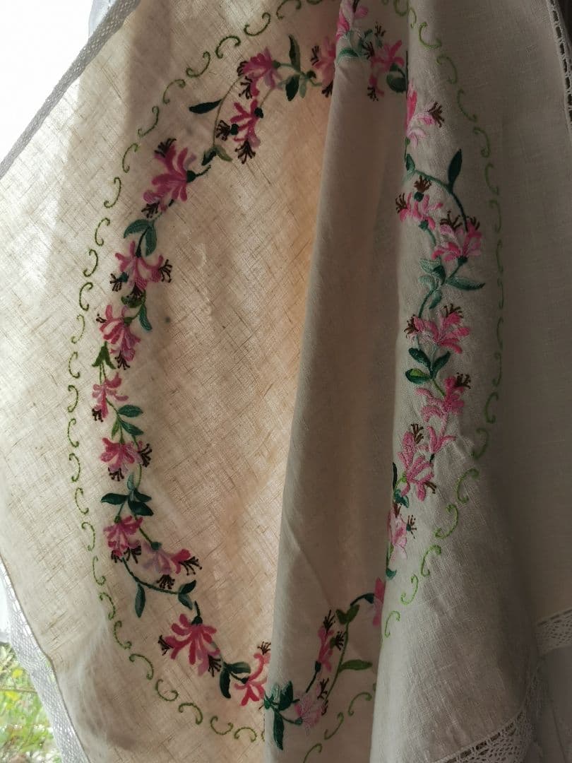 アンティークイギリスニードルワーク 紅花常磐万作 色糸刺繍 リネンクロシェクロス